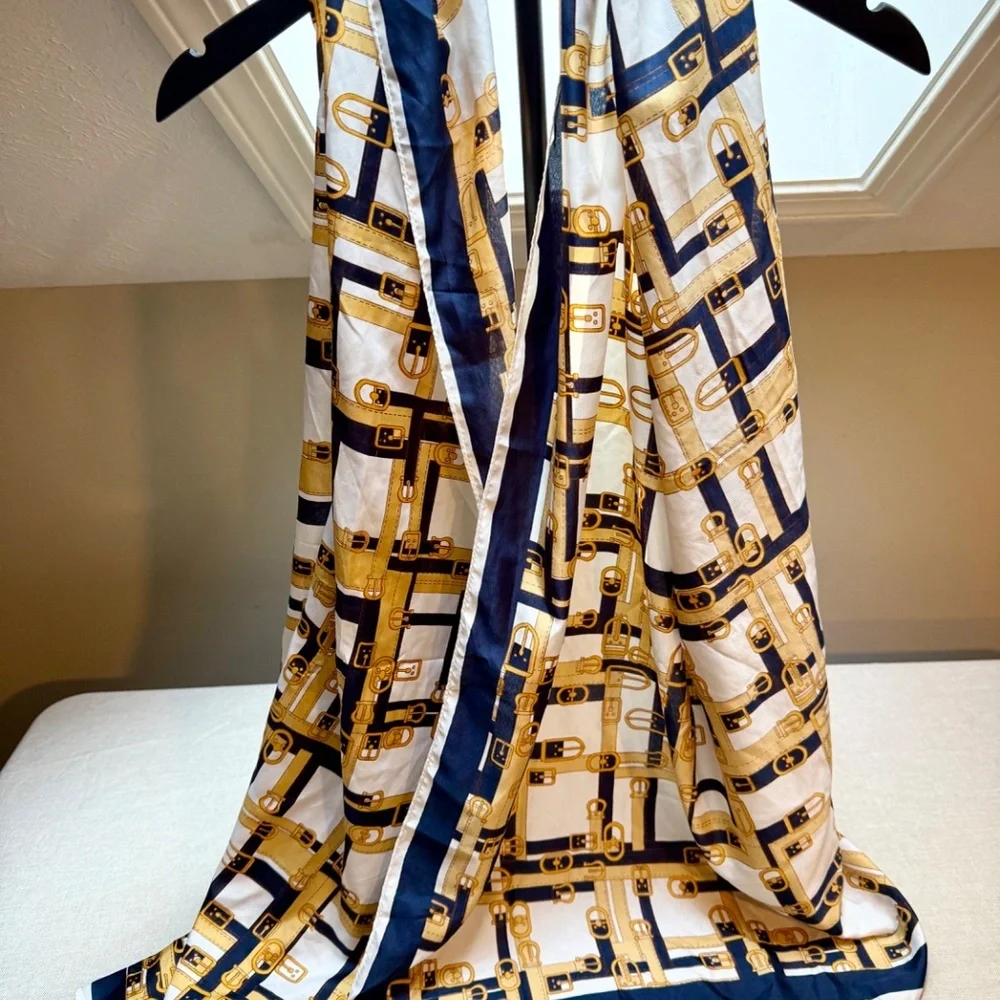Large Vintage Equestrian Belts Scarf White Navy Gold